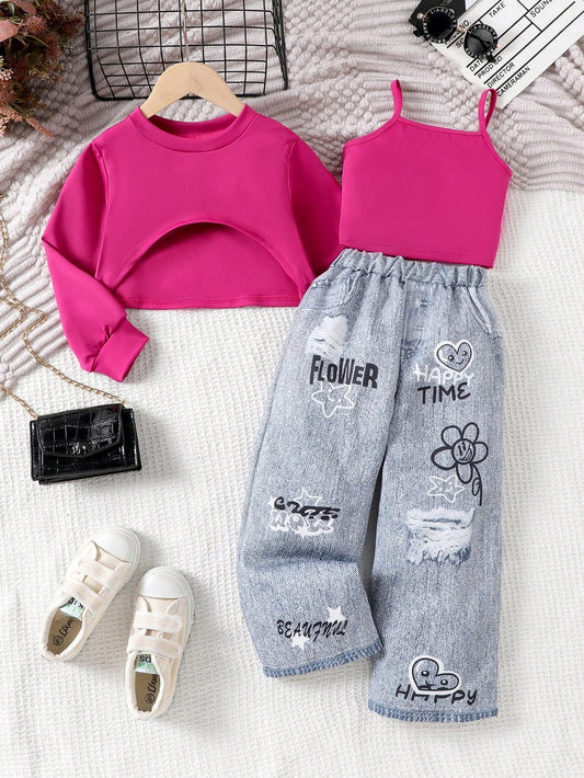 Mummy & Mee Toddler Girls' Casual Long Sleeve Lightweight Pullover, Sleeveless Tank Top, And Denim Effect-Look Pants Set,