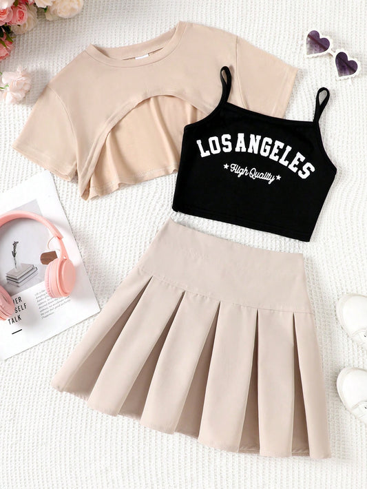 Short Sleeve Hoodie, Letter Print Camisole & Pleated Skirt