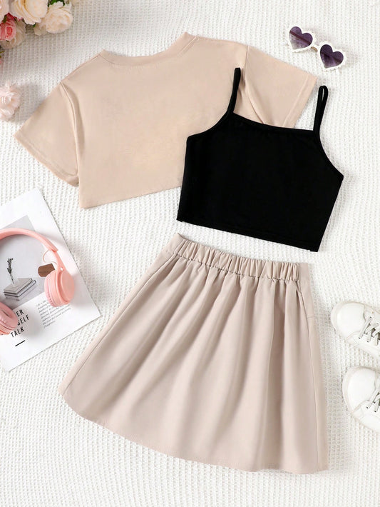 Short Sleeve Hoodie, Letter Print Camisole & Pleated Skirt