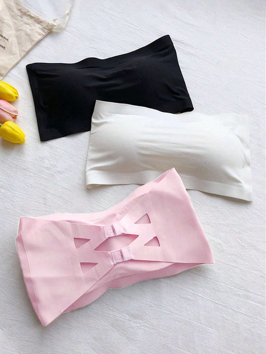 3pcs Strapless & Backless One-Piece Seamless Ice Silk Wrapped Chest Bra Multicolor
