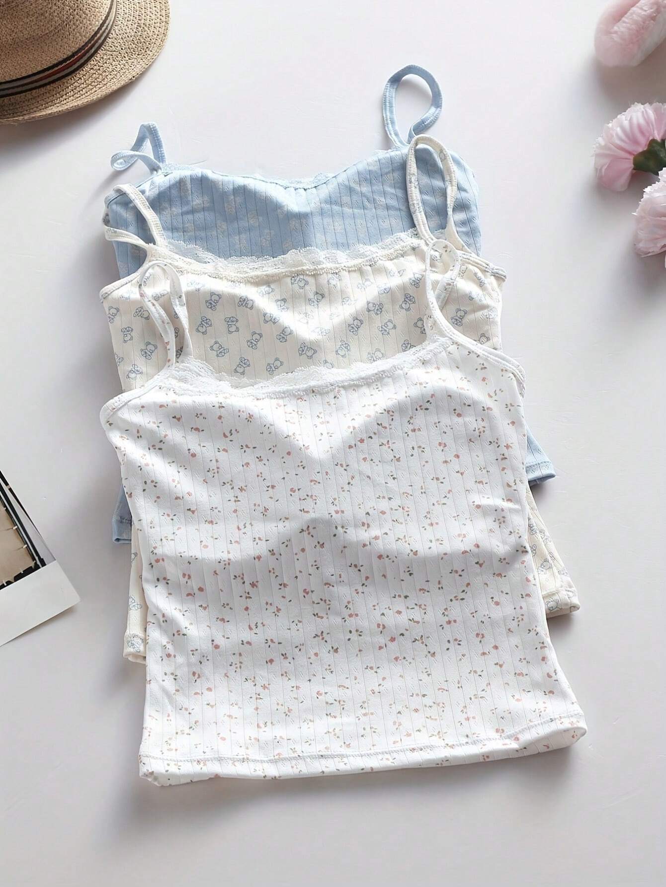 French Style Floral Print Lace Edge Ribbon Bow Padded Plunge Push Up Bra Set