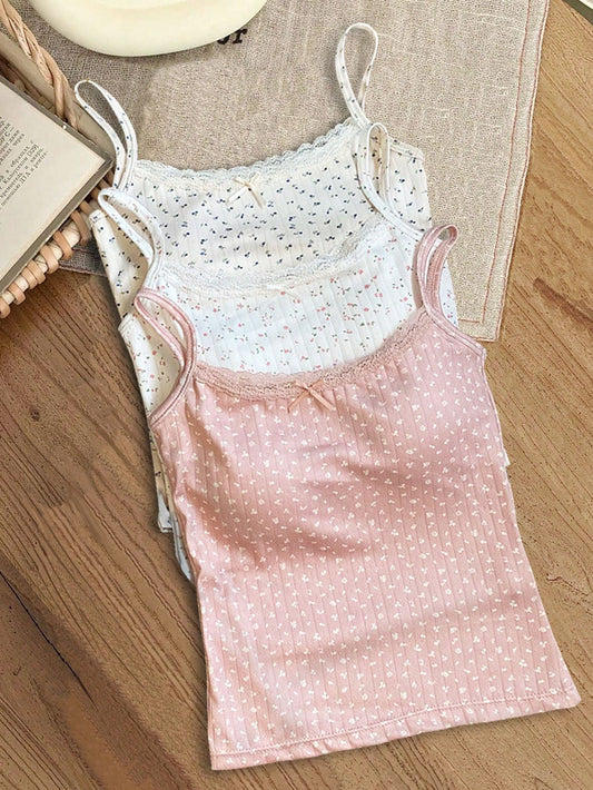 French Style Floral Print Lace Edge Ribbon Bow Padded Plunge Push Up Bra Set Multicolor