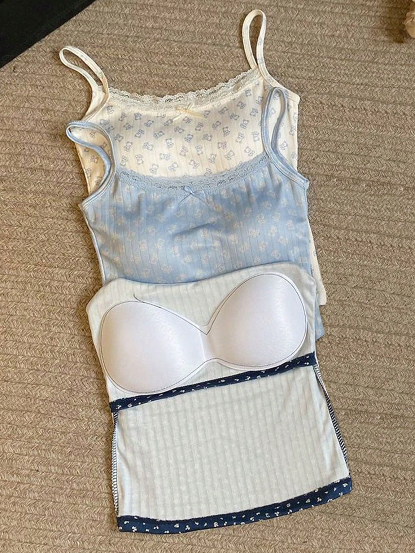 French Style Floral Print Lace Edge Ribbon Bow Padded Plunge Push Up Bra Set