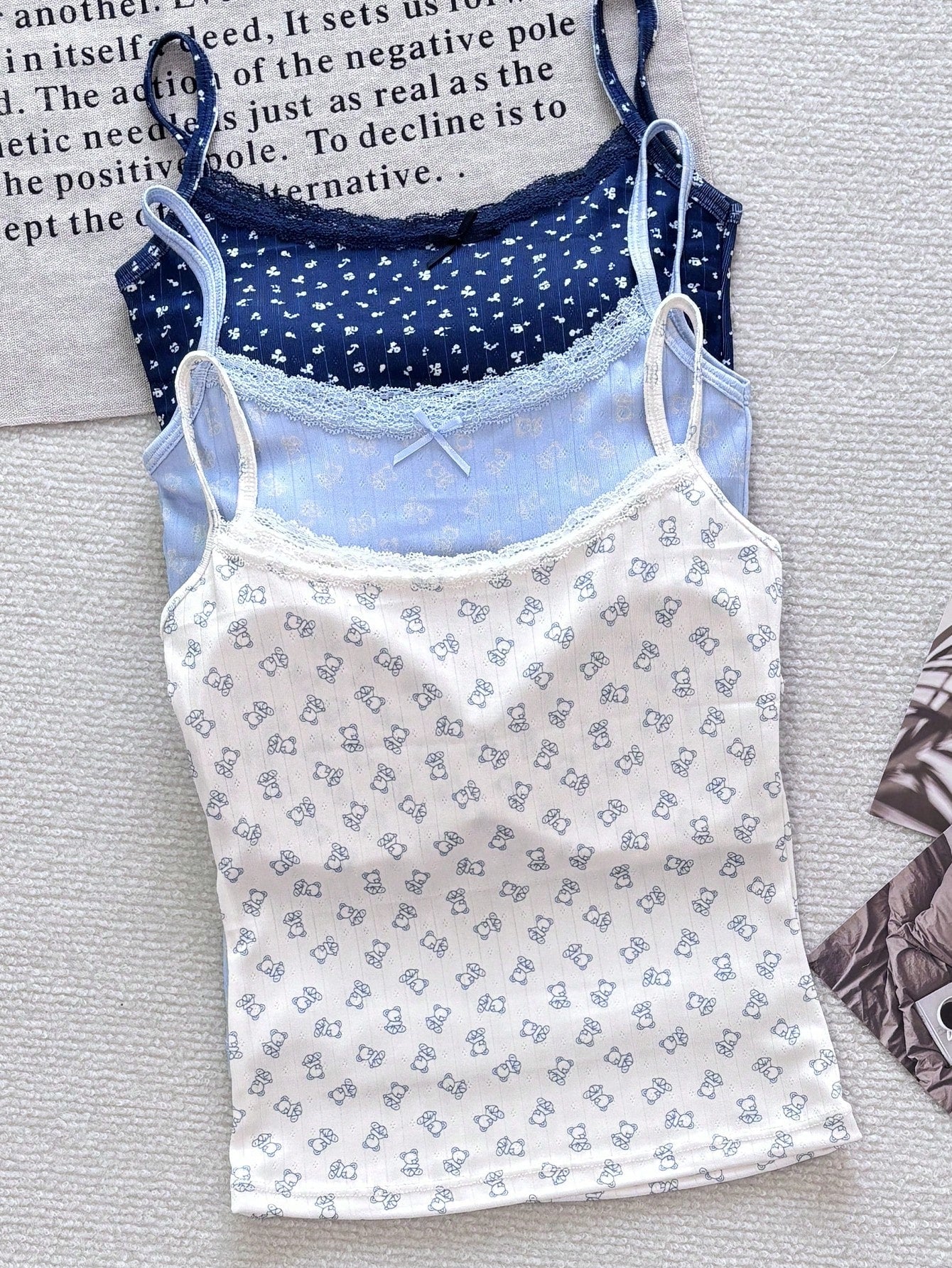 French Style Floral Print Lace Edge Ribbon Bow Padded Plunge Push Up Bra Set