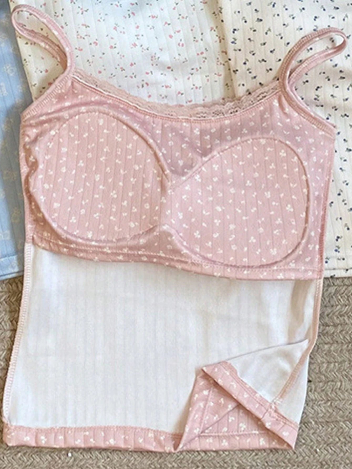 French Style Floral Print Lace Edge Ribbon Bow Padded Plunge Push Up Bra Set