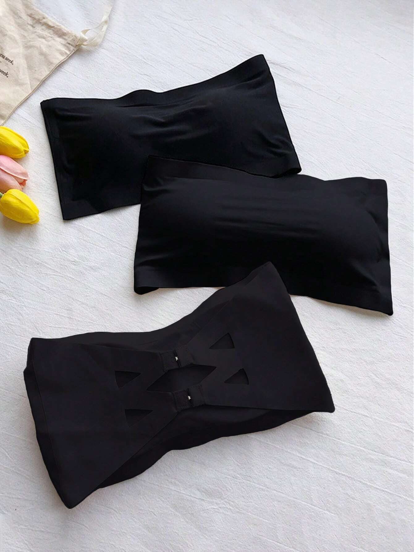 3pcs Strapless & Backless One-Piece Seamless Ice Silk Wrapped Chest Bra Black