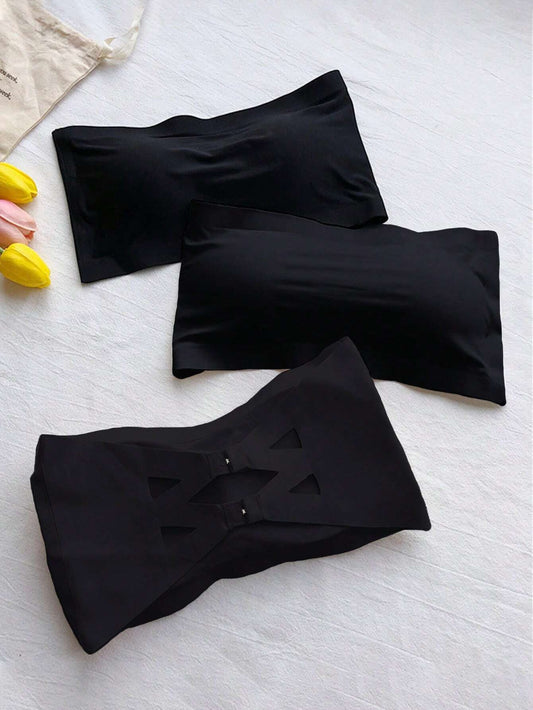 3pcs Strapless & Backless One-Piece Seamless Ice Silk Wrapped Chest Bra Black