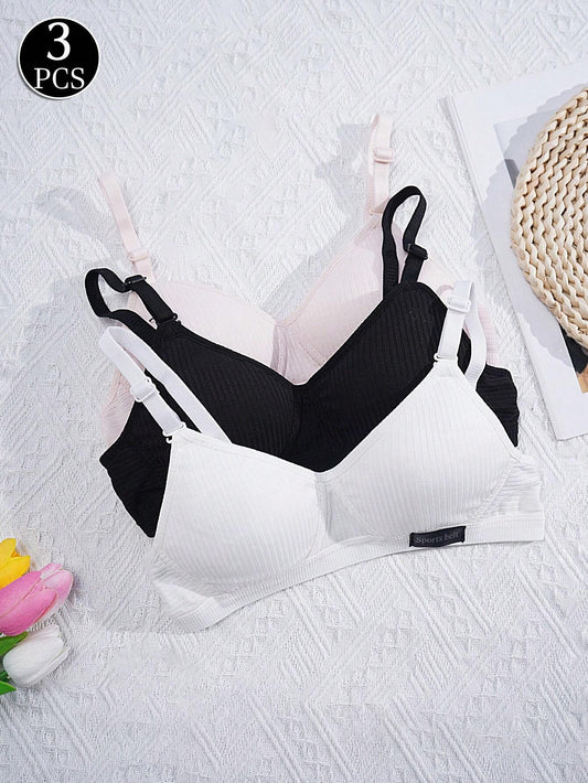 Teen Girls 3pcs Set Solid Knit Wireless Sports Bra With Adjustable Straps Pink