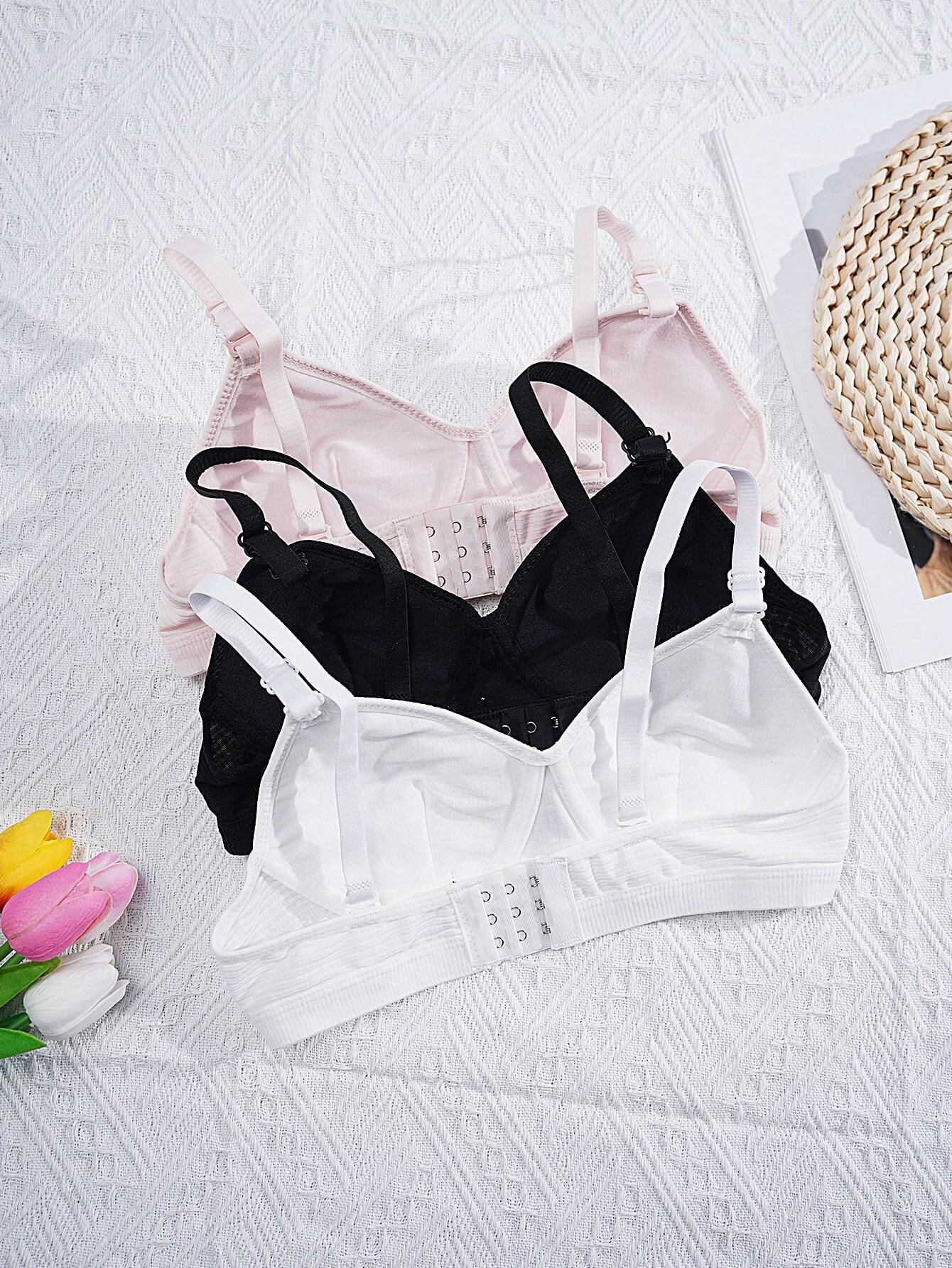 Teen Girls 3pcs Set Solid Knit Wireless Sports Bra With Adjustable Straps
