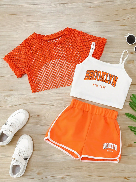 Mummy & Mee, Girl Brooklyn Letter Print Camisole + Mesh Overlay Top + Shorts 6Y