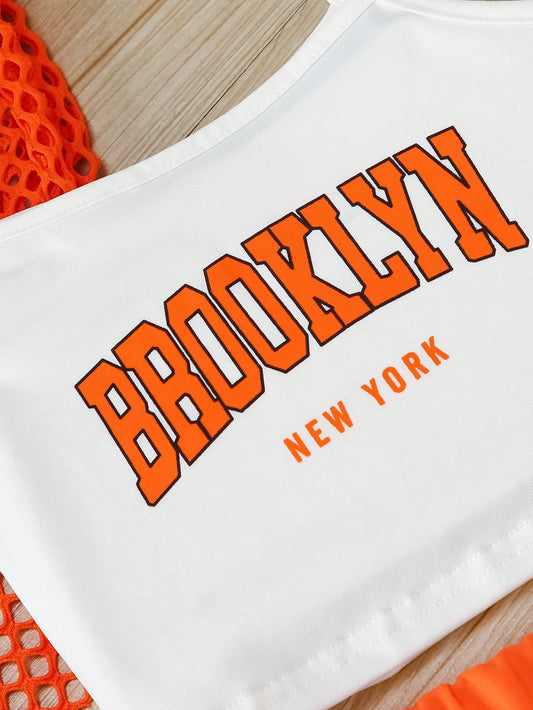 Mummy & Mee, Girl Brooklyn Letter Print Camisole + Mesh Overlay Top + Shorts