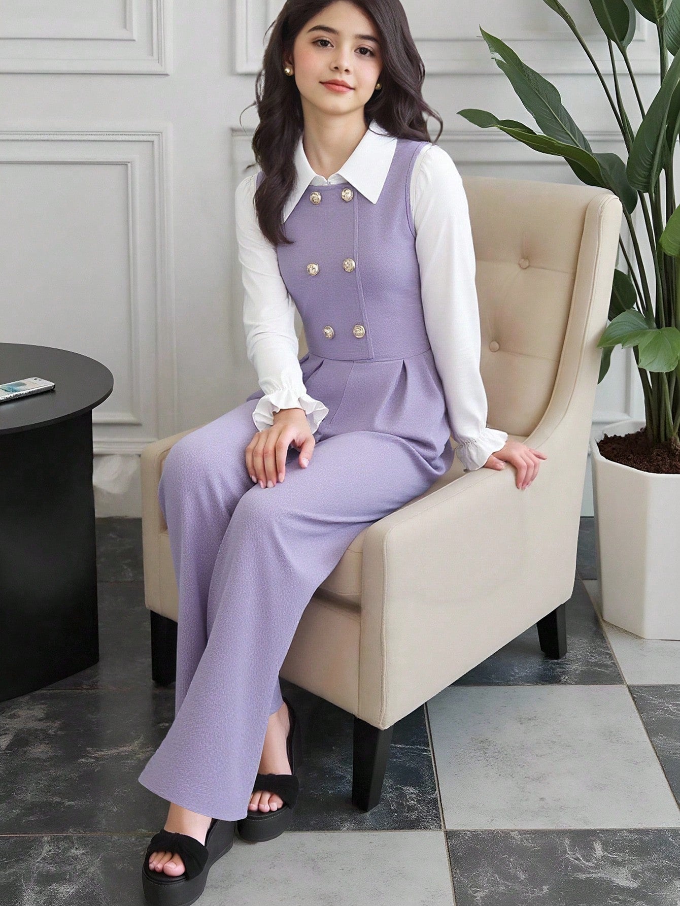 Tween Girl Flare Sleeve Collared Shirt + Cardigan Vest + Pants Purple