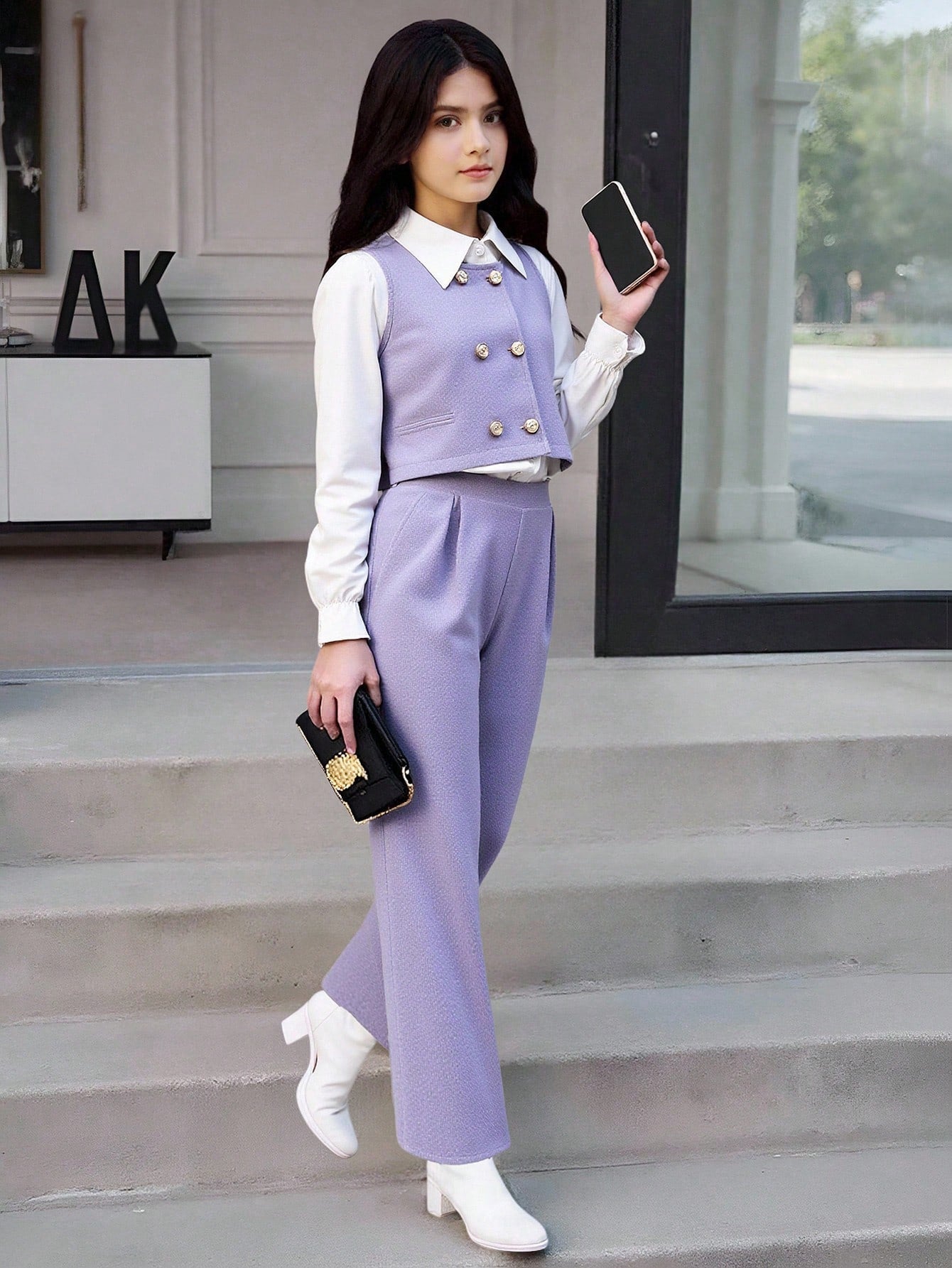 Tween Girl Flare Sleeve Collared Shirt + Cardigan Vest + Pants