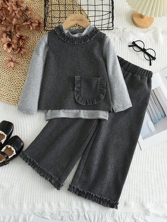 3pcs Young Girl Casual Plain Half Collar Base Shirt & Side Pockets Vest & Lace Trousers Grey