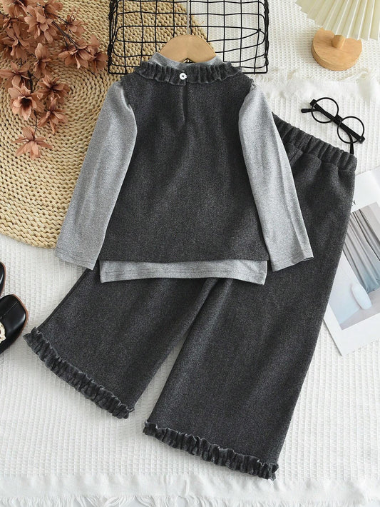 3pcs Young Girl Casual Plain Half Collar Base Shirt & Side Pockets Vest & Lace Trousers