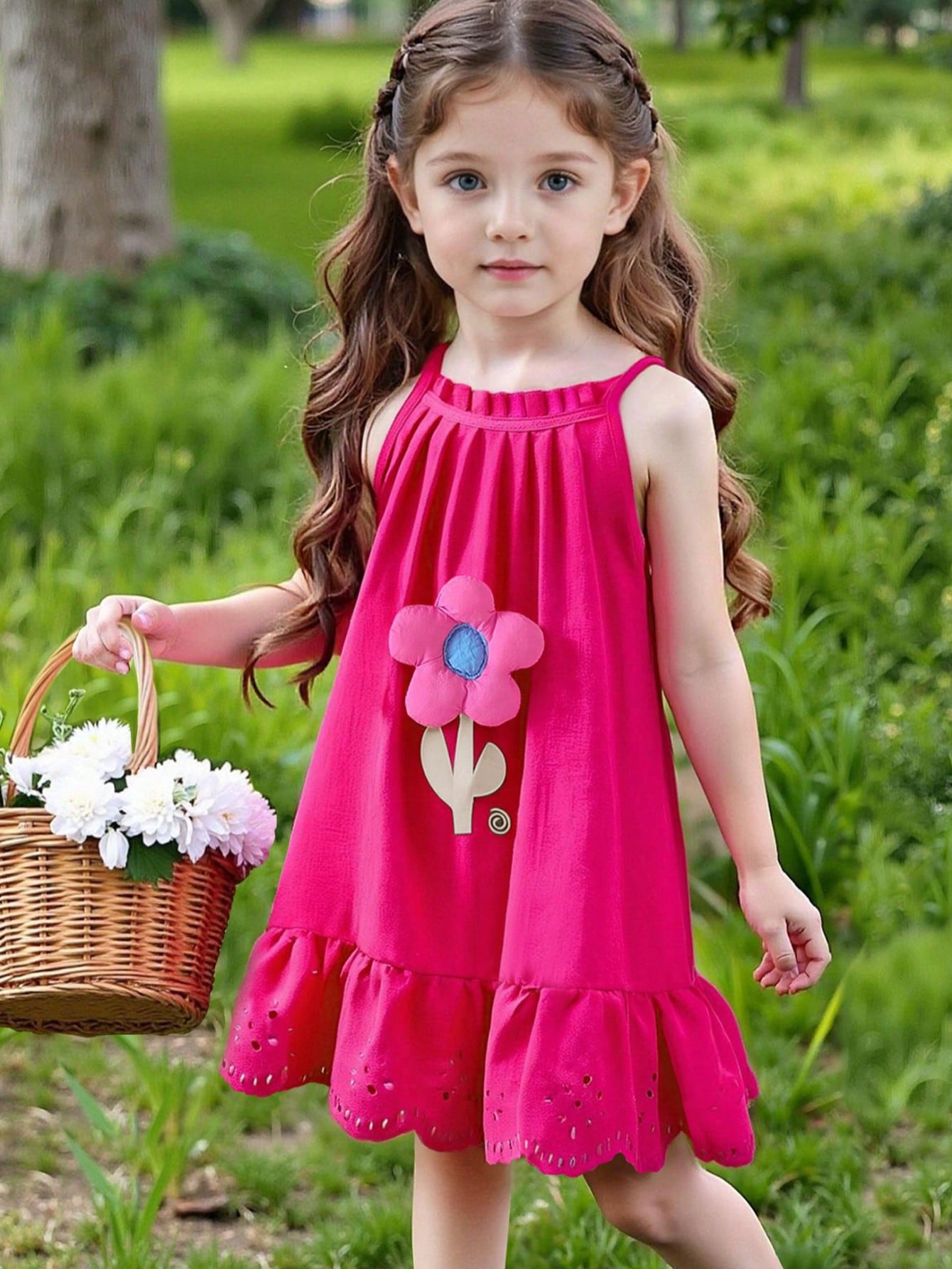 3D Charming Floral, Hollow Hem Ruffle Strap Sundress