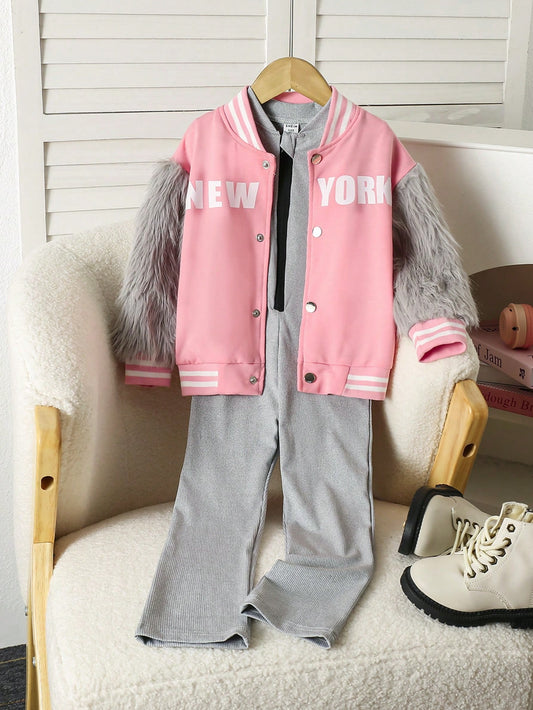 Girl' Fashion Casual Sports New York Letter Print Furry Baseball Jacket + Solid Color Ribbed