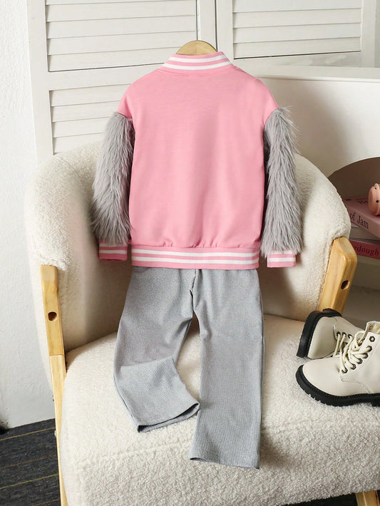 Girl' Fashion Casual Sports New York Letter Print Furry Baseball Jacket + Solid Color Ribbed