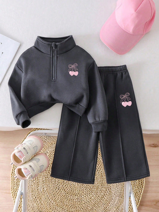 Baby Girl Cartoon Graphic Print Solid Color Sweatshirt And Pants Set, Minimalist Design
