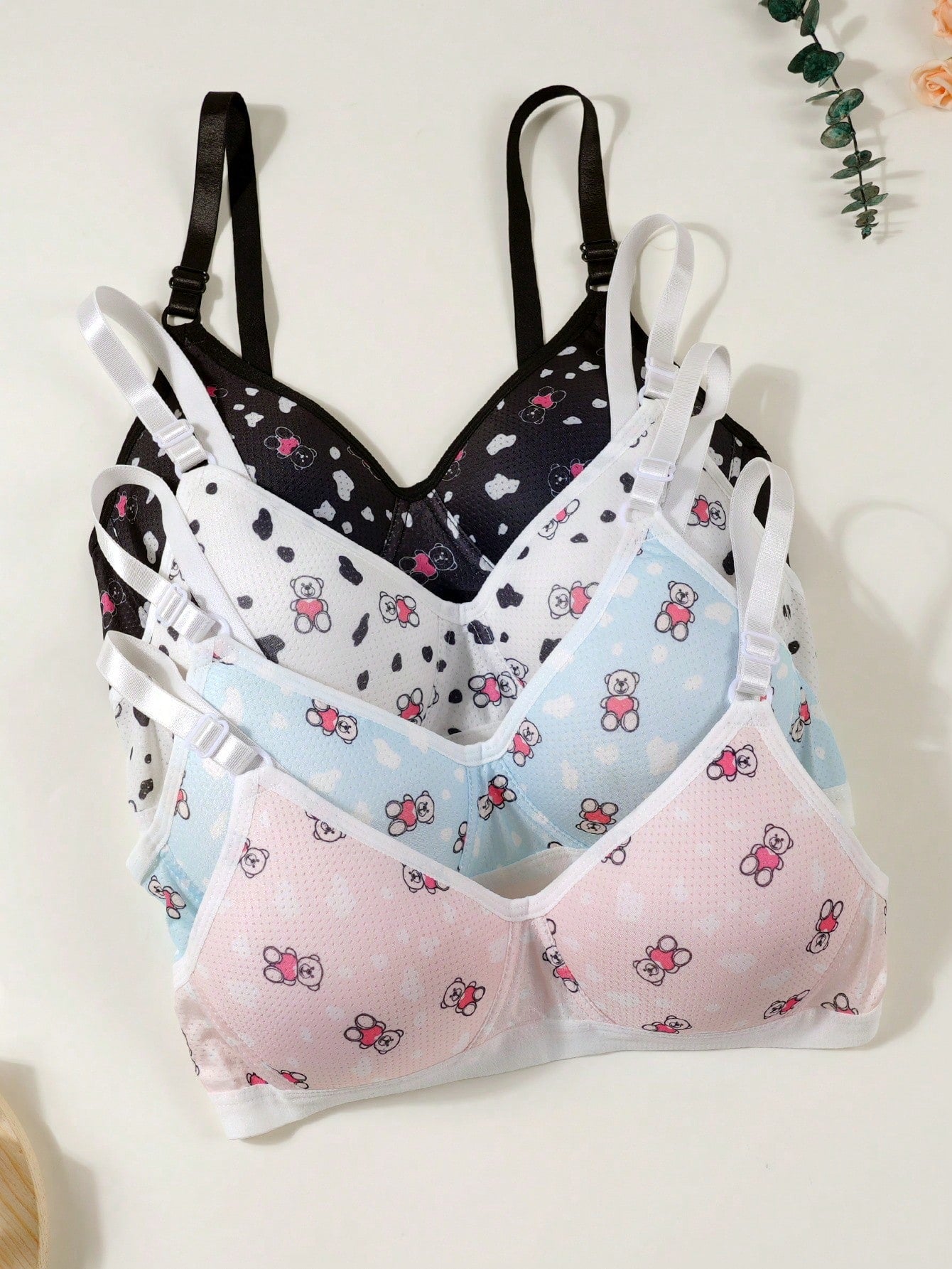 4PCS Girls Teenagers Bear Print Bra, Girls Triangle Cup Bra