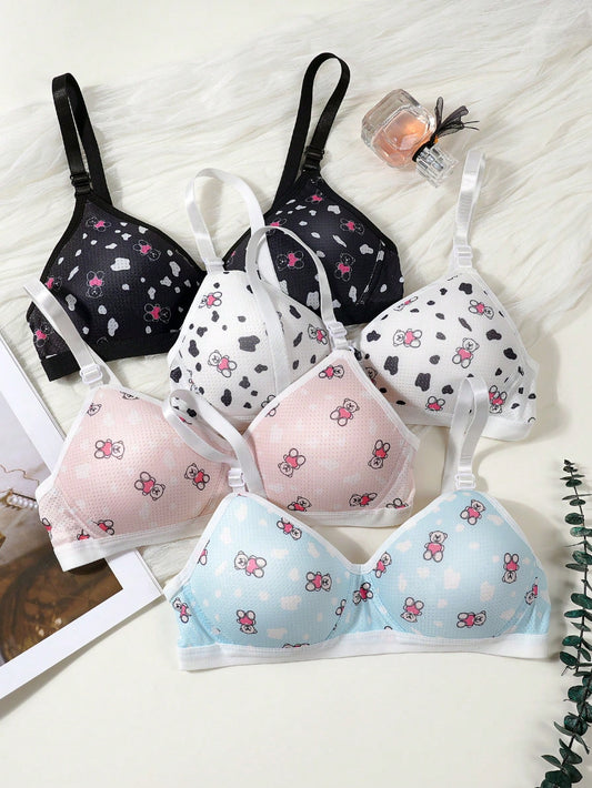 4PCS Girls Teenagers Bear Print Bra, Girls Triangle Cup Bra Multicolor