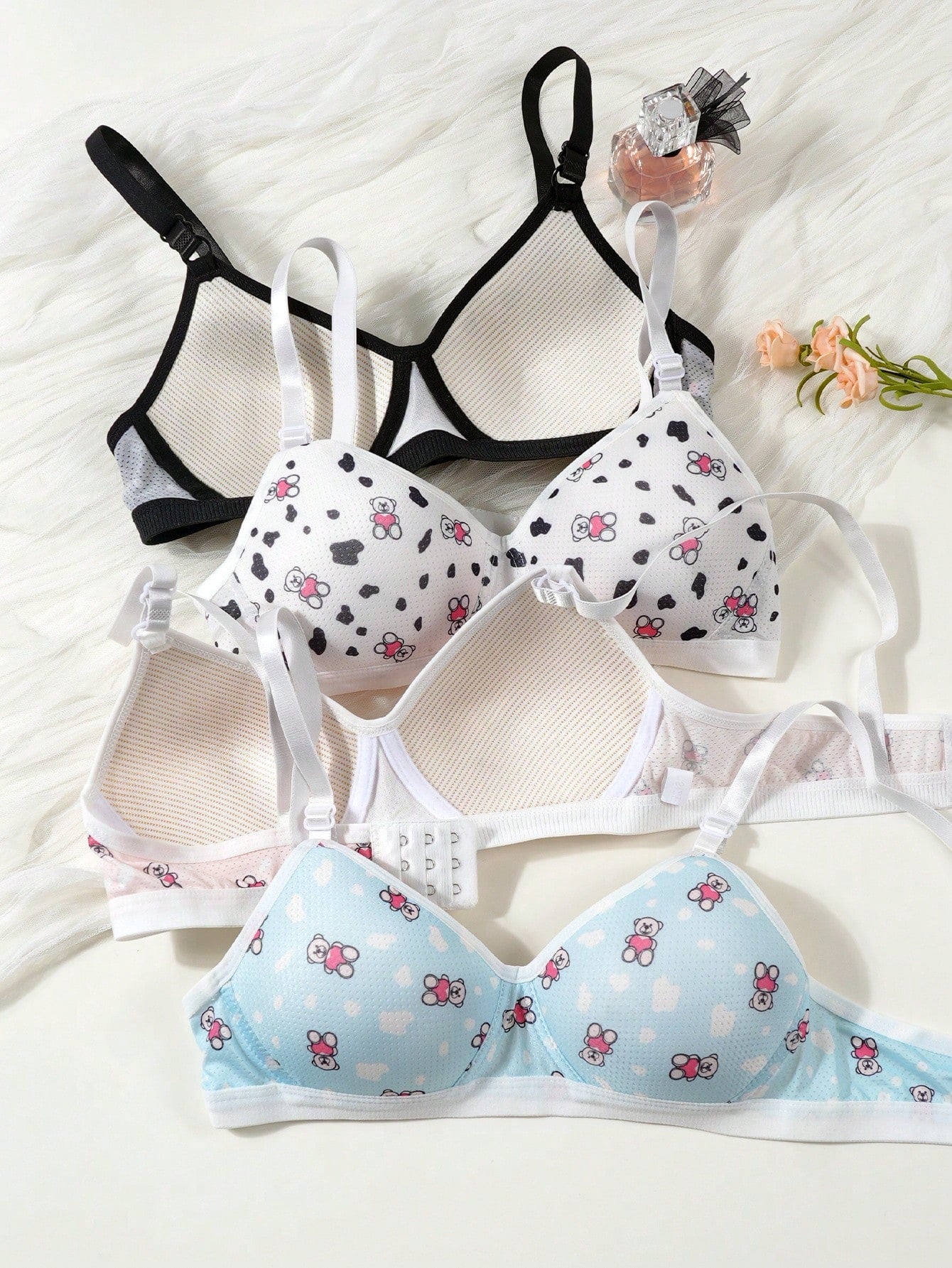 4PCS Girls Teenagers Bear Print Bra, Girls Triangle Cup Bra