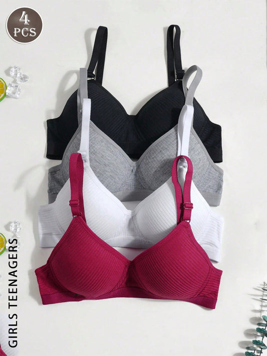 4Pcs Girls Teenager Ribbed Triangle Cup Bra Multicolor 2
