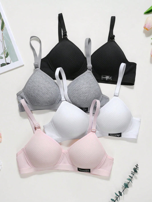 4Pcs Girls Teenager Ribbed Triangle Cup Bra Multicolor