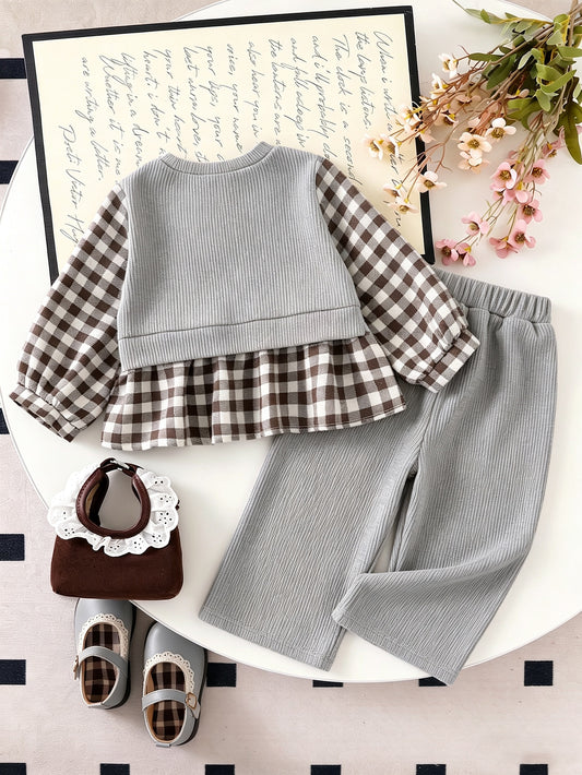 Baby Girls Knitted Brown Patchwork Plaid Long Sleeve Bow T-Shirt Top And Ribbed