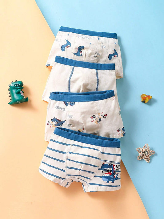 4pcs Set Young Boy Cartoon Dinosaur Pattern Printed Boxer Briefs For All Seasons Multicolor