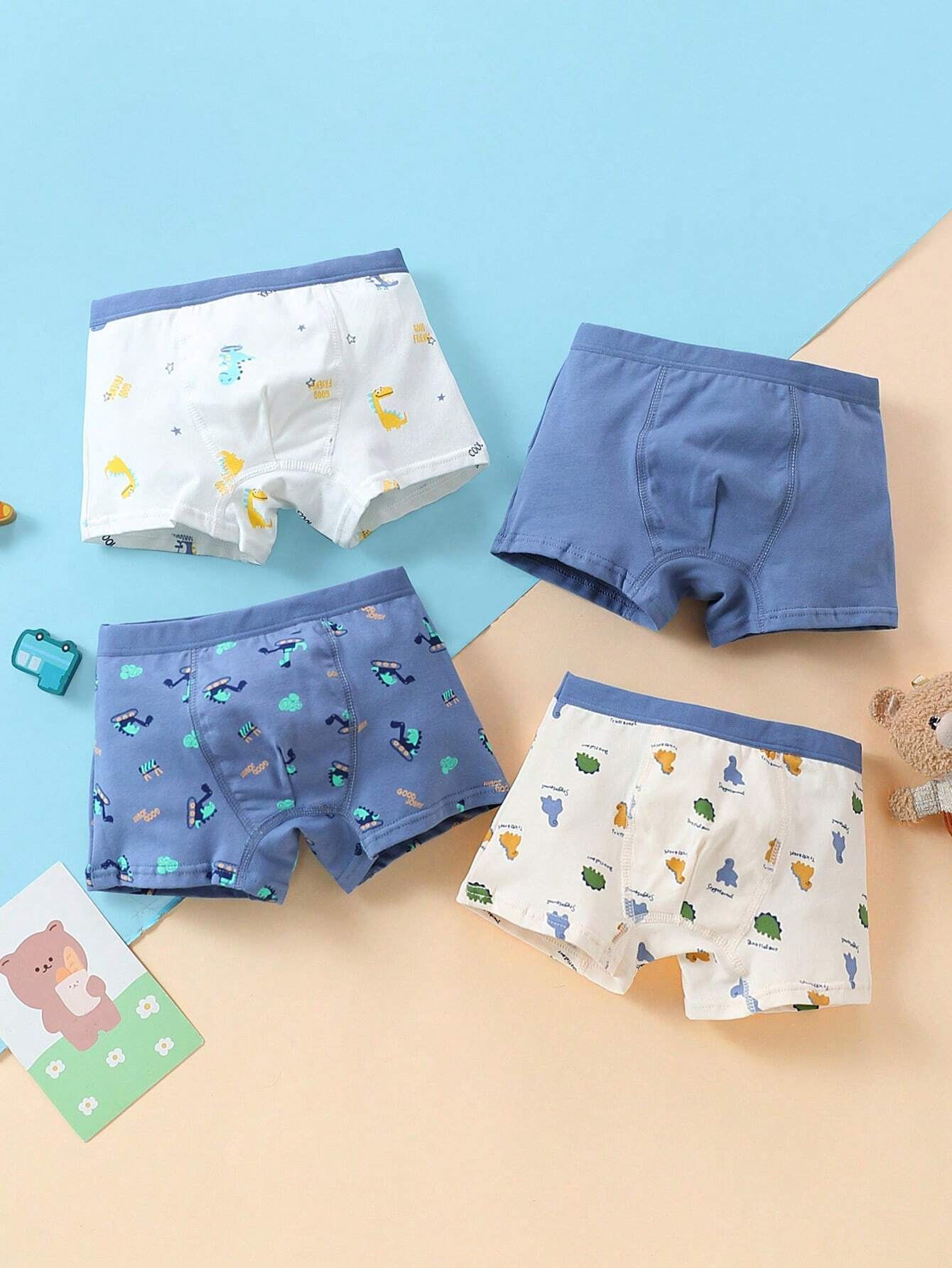 4pcs Set Young Boy Cartoon Dinosaur Pattern Printed Boxer Briefs For All Seasons Multicolor 2