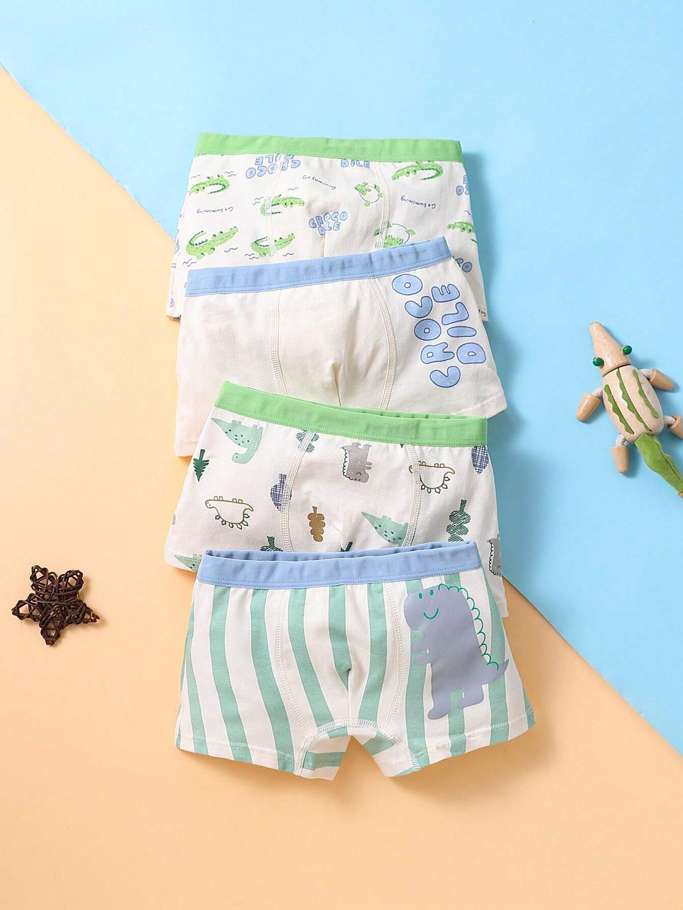 4pcs Set Young Boy Cartoon Dinosaur Pattern Printed Boxer Briefs For All Seasons