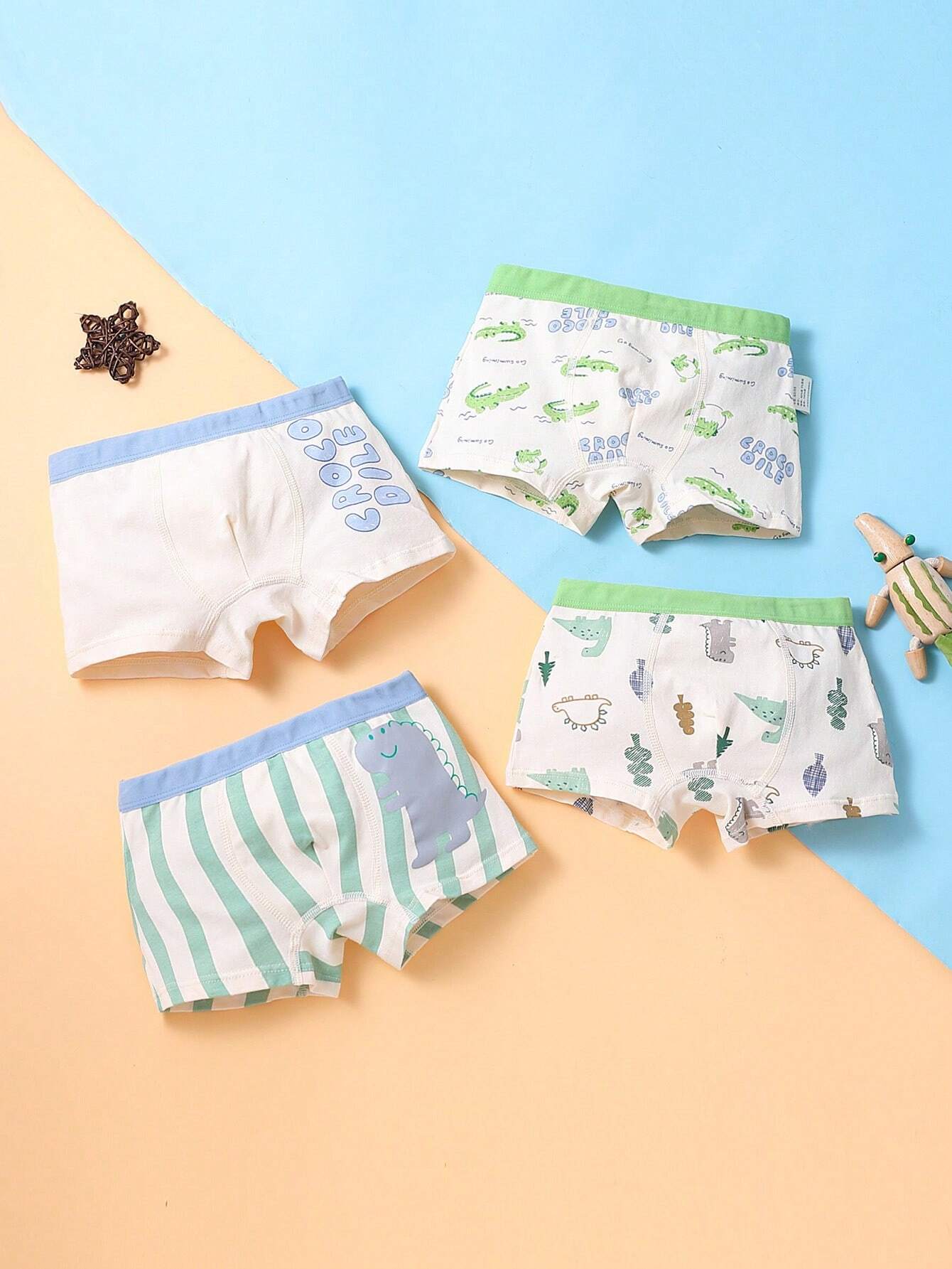 4pcs Set Young Boy Cartoon Dinosaur Pattern Printed Boxer Briefs For All Seasons