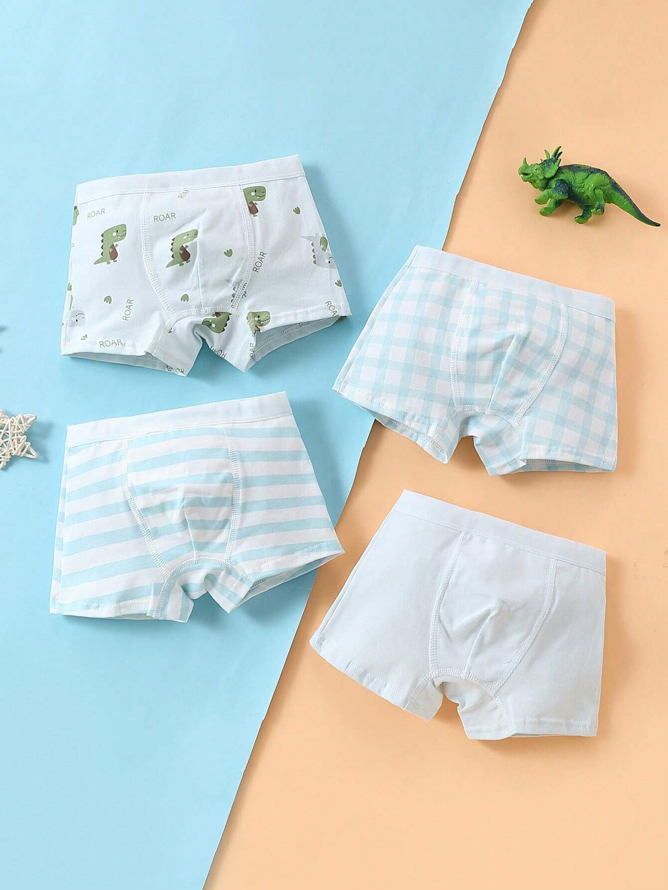 4pcs Set Young Boy Cartoon Dinosaur Pattern Printed Boxer Briefs For All Seasons