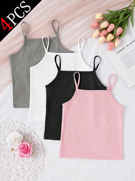 4pcs Girls Basic Solid Color Camisole Underwear Set