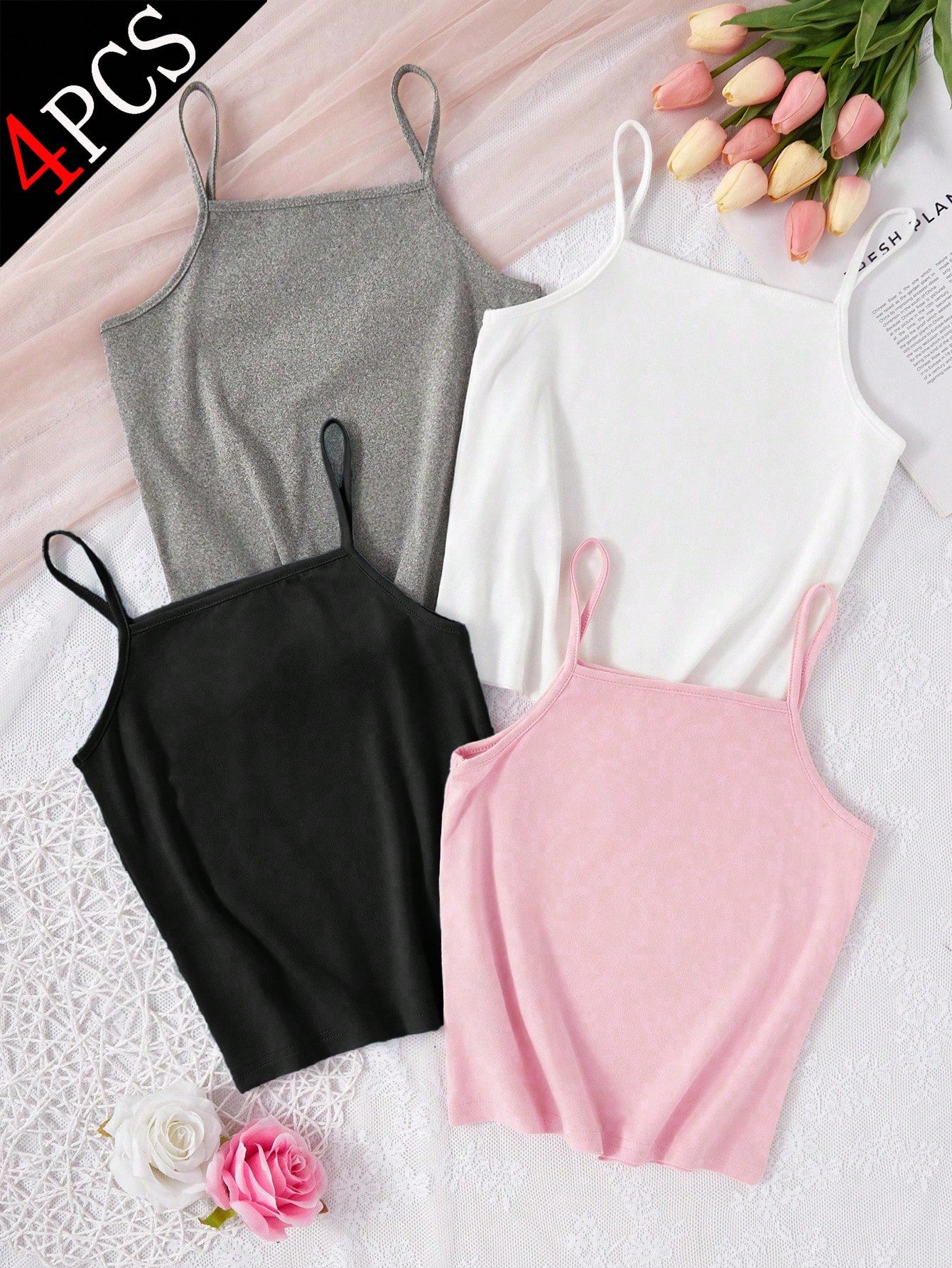 4pcs Girls Basic Solid Color Camisole Underwear Set