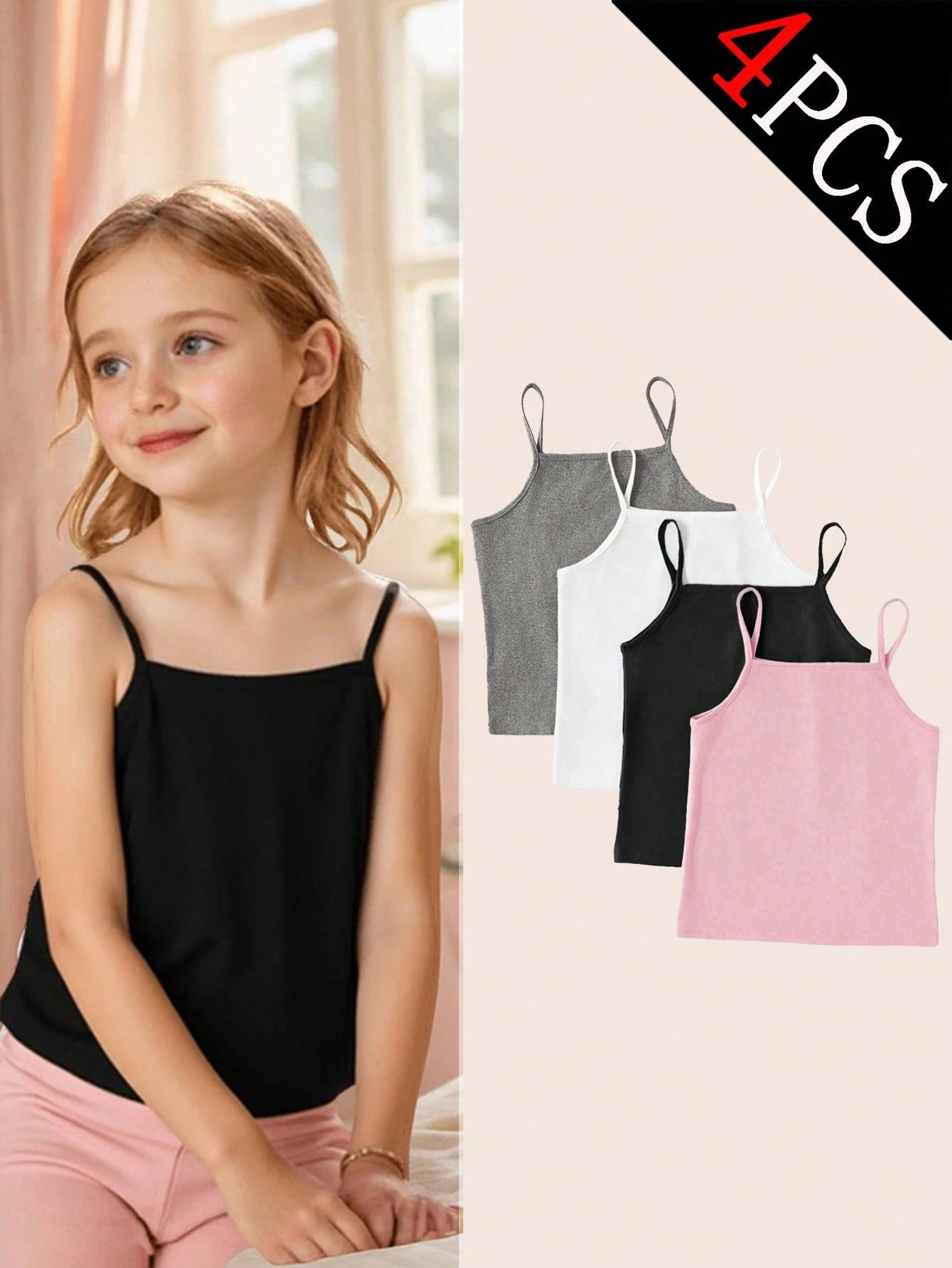 4pcs Girls Basic Solid Color Camisole Underwear Set