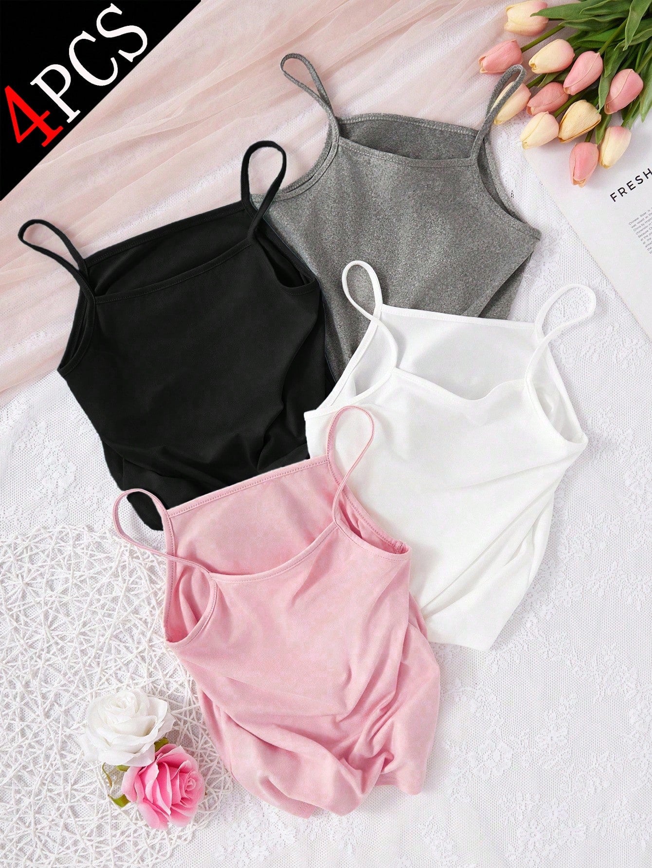 4pcs Girls Basic Solid Color Camisole Underwear Set