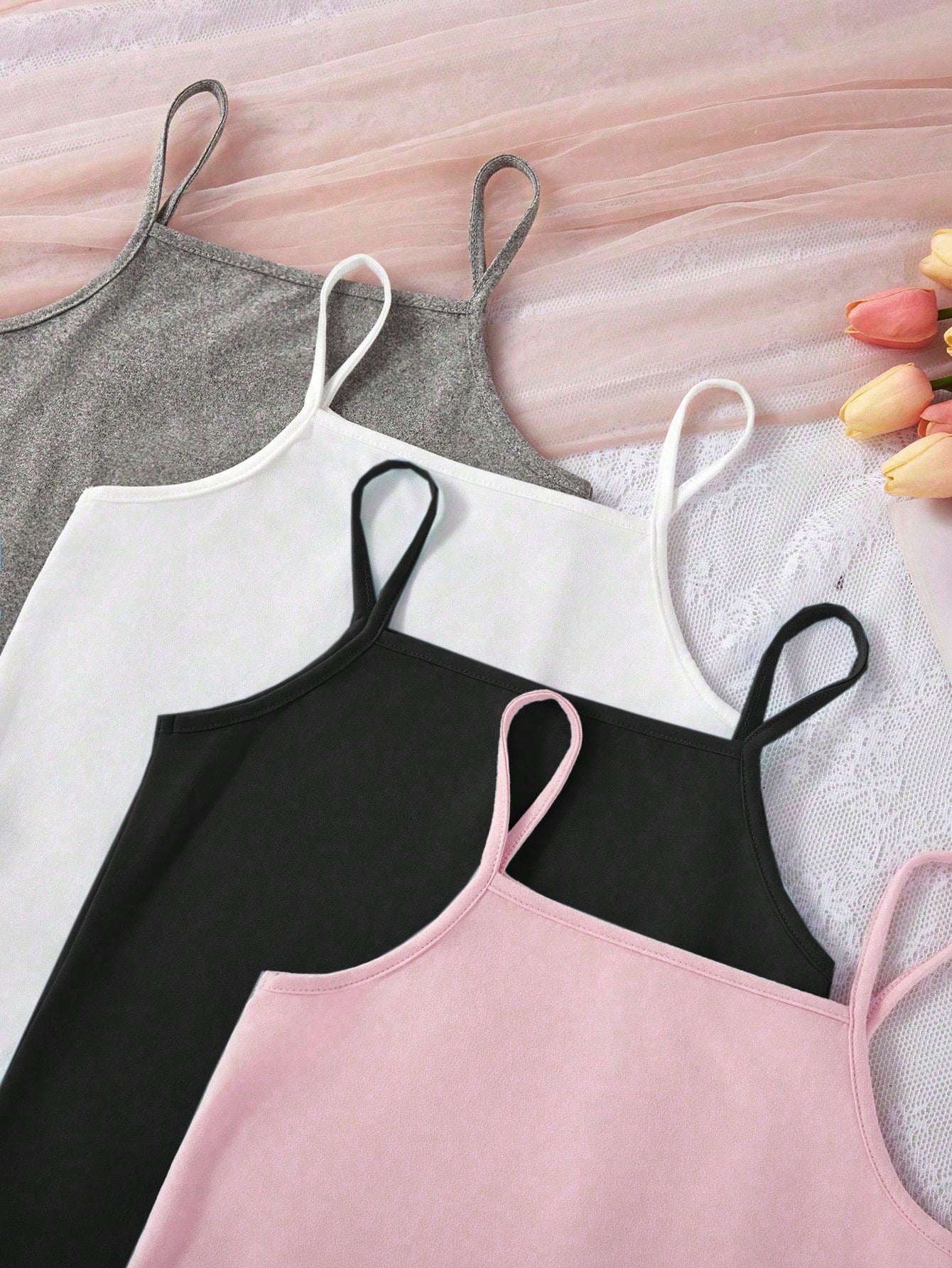 4pcs Girls Basic Solid Color Camisole Underwear Set