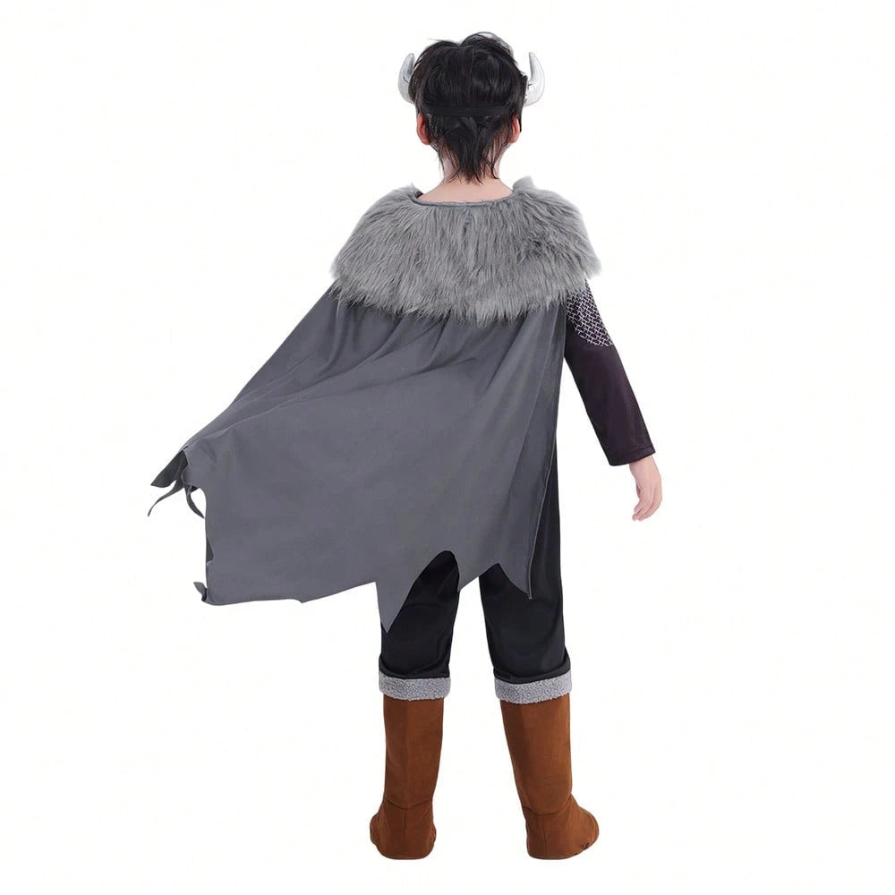 Medieval Nordic Style Polyester Warrior Outfit With Horned Helmet And Cape