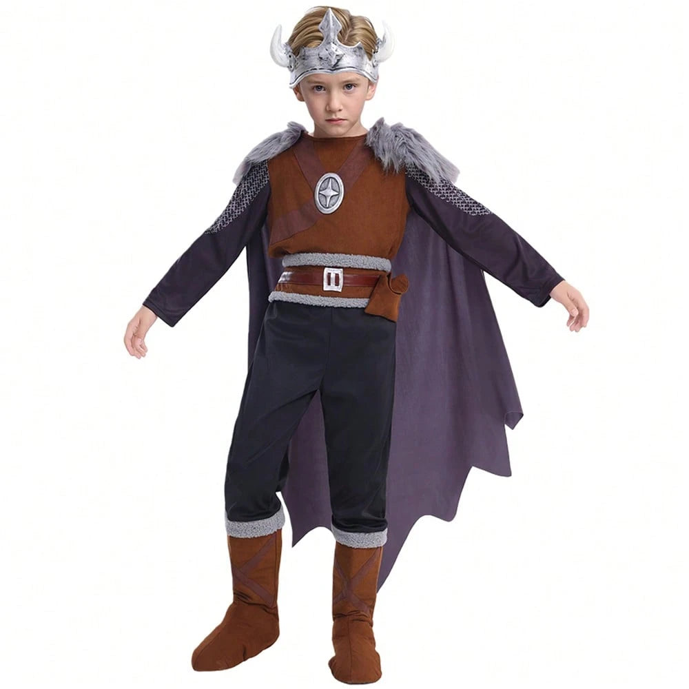 Medieval Nordic Style Polyester Warrior Outfit With Horned Helmet And Cape