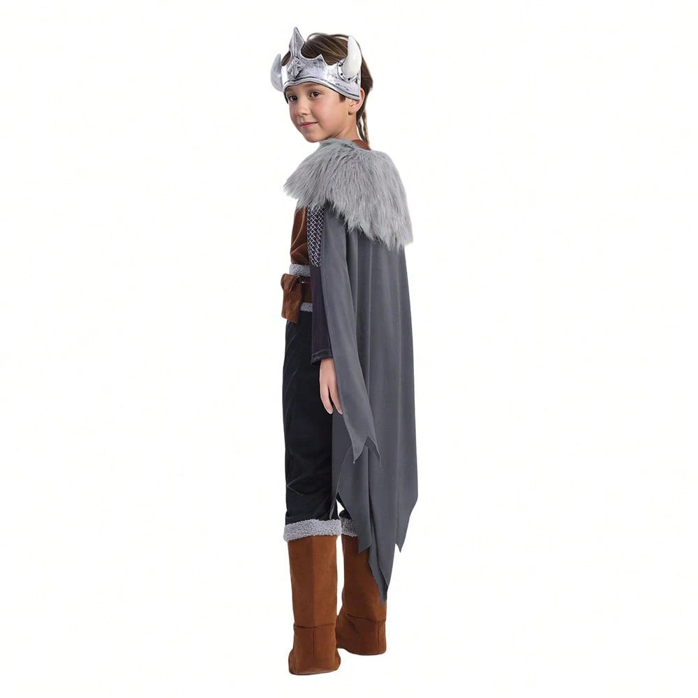 Medieval Nordic Style Polyester Warrior Outfit With Horned Helmet And Cape
