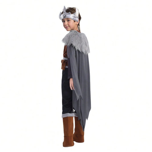 Medieval Nordic Style Polyester Warrior Outfit With Horned Helmet And Cape