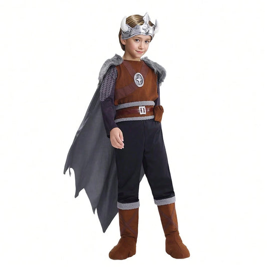Medieval Nordic Style Polyester Warrior Outfit With Horned Helmet And Cape