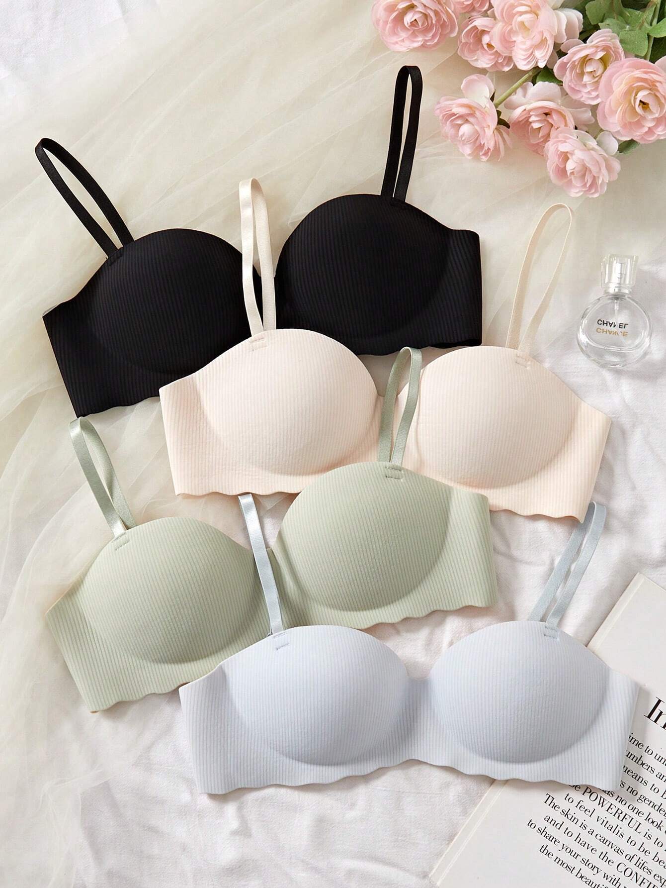 4pcs/Pack Teen Girl Glossy Striped Seamless Wire-Free Push-Up Bra Multicolor