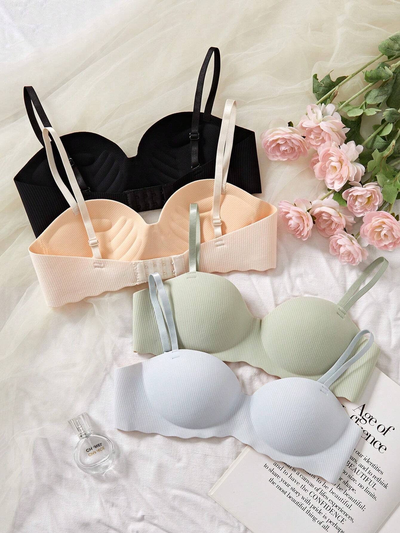 4pcs/Pack Teen Girl Glossy Striped Seamless Wire-Free Push-Up Bra