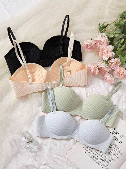 4pcs/Pack Teen Girl Glossy Striped Seamless Wire-Free Push-Up Bra
