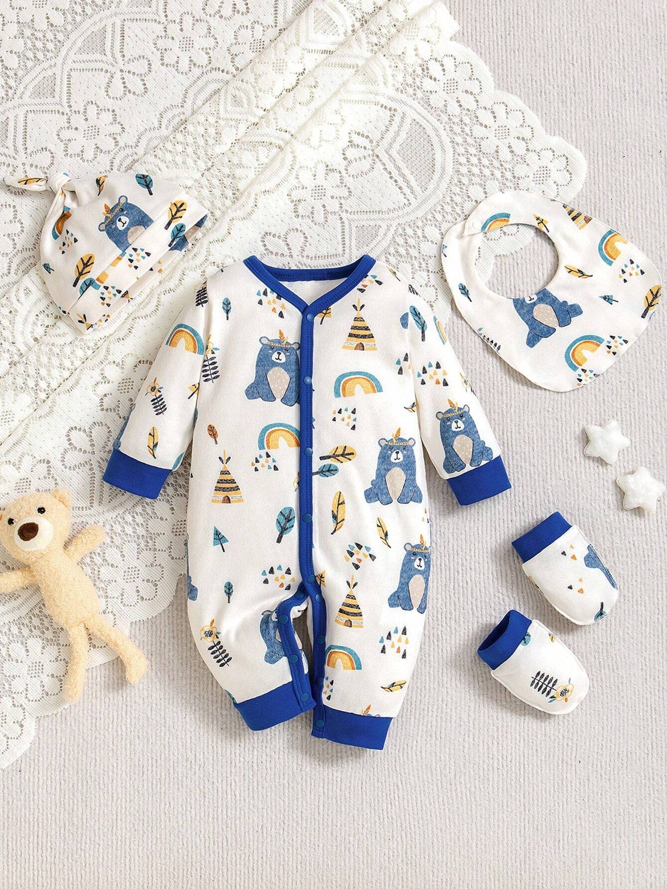 4pcs/Set Baby Boys' Rainbow Bear Print Long Sleeve Romper, Hat, Bib, Mittens Blue & White