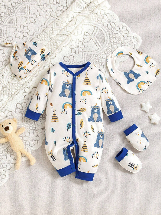 4pcs/Set Baby Boys' Rainbow Bear Print Long Sleeve Romper, Hat, Bib, Mittens Blue & White
