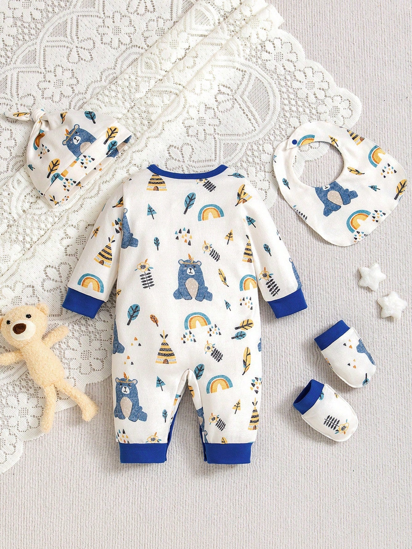 4pcs/Set Baby Boys' Rainbow Bear Print Long Sleeve Romper, Hat, Bib, Mittens